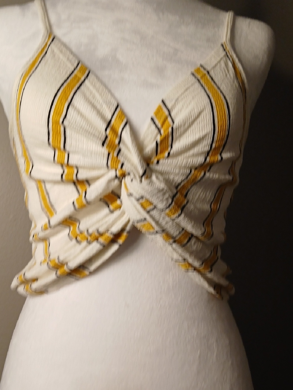 Love tree Twist Front Striped Cami Tank Midriff Top - Cream and Yellow